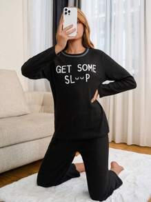 RueChic 100% Cotton 2Pcs  Slogan Printed With Contrast Stitching Detail Lounge Set - Black - View 3