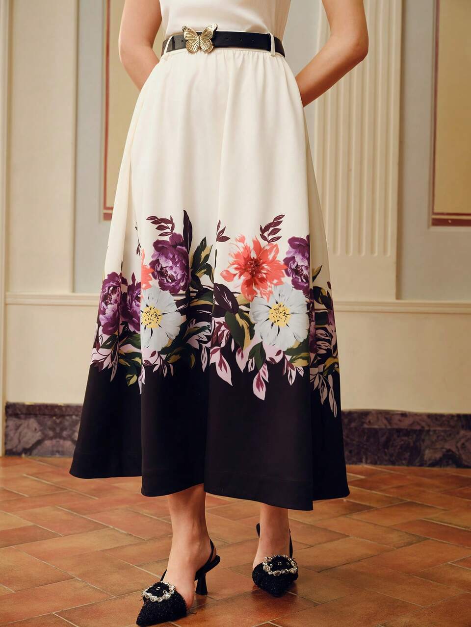 ZEYLAH FLORAL PRINT SLANT POCKET FLARE SKIRT WITHOUT BELT