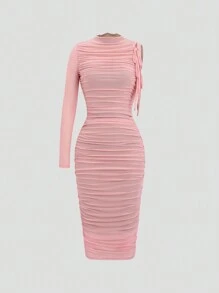 Sweetra Đầm suông đơn sắc, cổ bẻ, tay đơn, eo nhún, dáng ôm thường ngày - Hồng - Xem 1