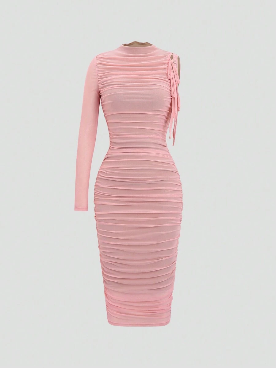 Sweetra Đầm suông đơn sắc, cổ bẻ, tay đơn, eo nhún, dáng ôm thường ngày - Hồng - Xem 1