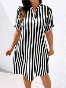 EMERY ROSE 大码夏季休闲条纹缺口领泡泡袖连衣裙长款女装 - 黑與白 - 查看 4