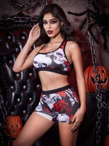 1 Bộ đồ lót tập yoga in hình đầu lâu hoa hồng, Halloween - Nhiều màu - Xem 4