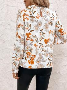 SHEIN Clasi 女式长袖花卉印花荷叶边衬衫，休闲日常秋季女式长袖上衣