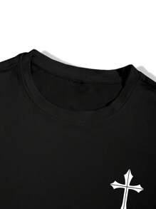 Manfinity Homme Áo thun cổ tròn tay ngắn in chữ và chữ thập thường ngày cho nam, mùa hè - màu đen - Xem 4