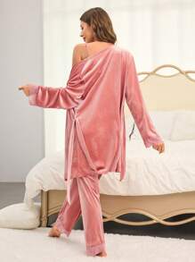 SHEIN 3st löst stickade byxor i sammetstyg för damer, kamisole och långärmad pyjamasset, bekväma loungekläder - Dammrosa - Visa 2