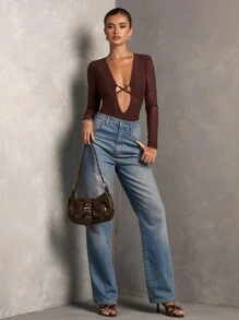 SHEIN BAE Women's Solid Color Deep V-Neck Mesh Panel Long Sleeve Sexy Bodysuit - Brown - View 3