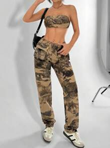 SHEIN X  Ignacia Antonia SHEIN Unity 2 件套女士夏季时尚迷彩印花短款抹胸和工装裤套装 - 彩色 - 查看 5
