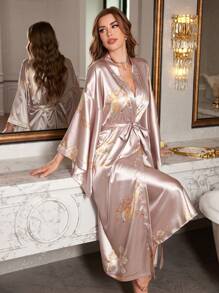 2pcs Faux Silk Floral Print Camisole Nightgown And Robe Set - Champagne - View 5
