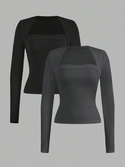 SHEIN EZwear قميص بولو بأكمام طويلة بتصميم رفيع مناسب للنساء باللونين الأسود والرمادي الفولاذي، مناسب للخريف والشتاء