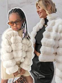 SHEIN 年轻女孩优雅商务休闲保暖蓬松外套 + 连衣裙，2 件套，适合秋季、冬季、休闲、派对、正式、学校、户外 - 灰色 - 查看 1