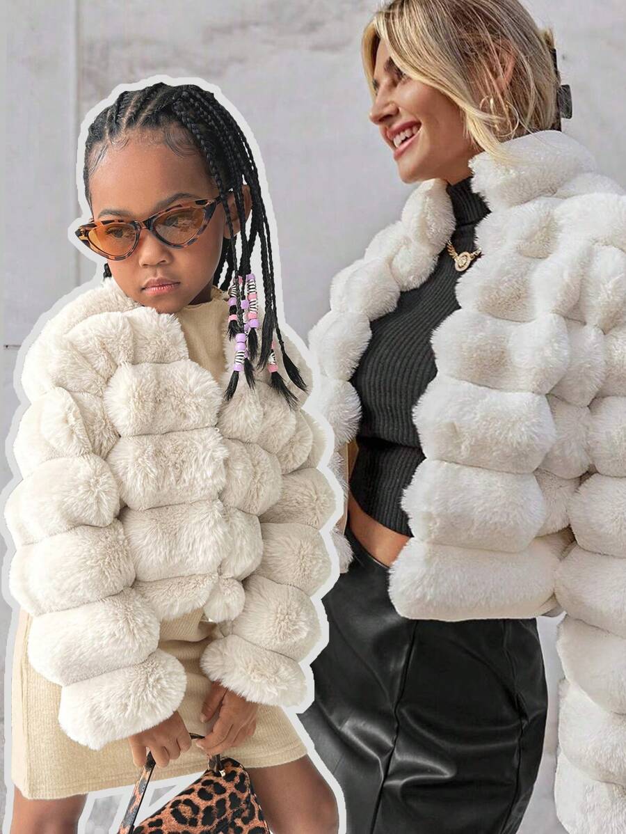 SHEIN 年轻女孩优雅商务休闲保暖蓬松外套 + 连衣裙，2 件套，适合秋季、冬季、休闲、派对、正式、学校、户外 - 灰色 - 查看 1