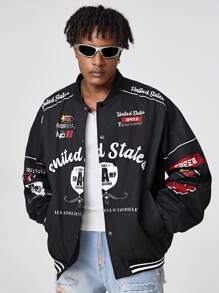 Manfinity VCAY Men's Loose Woven Digital Print Long Sleeve Jacket, For Fall Winter - Black - View 4