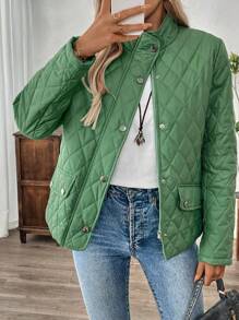EMERY ROSE Women's Plain Front Button Closure Long Sleeve Pocket Casual Padded Coat