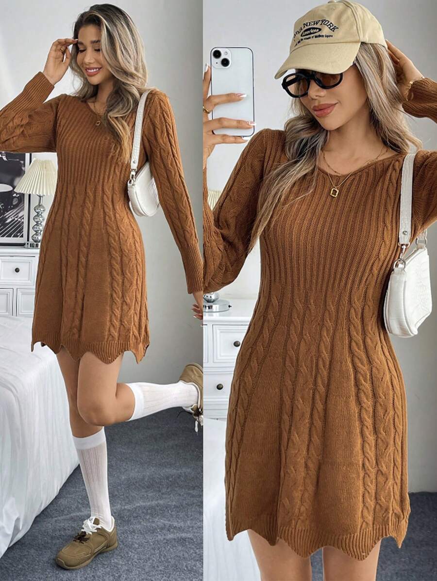 Chiquease 女士圆领长袖修身可爱简约纯色休闲针织毛衣连衣裙 - 卡其色 - 查看 1