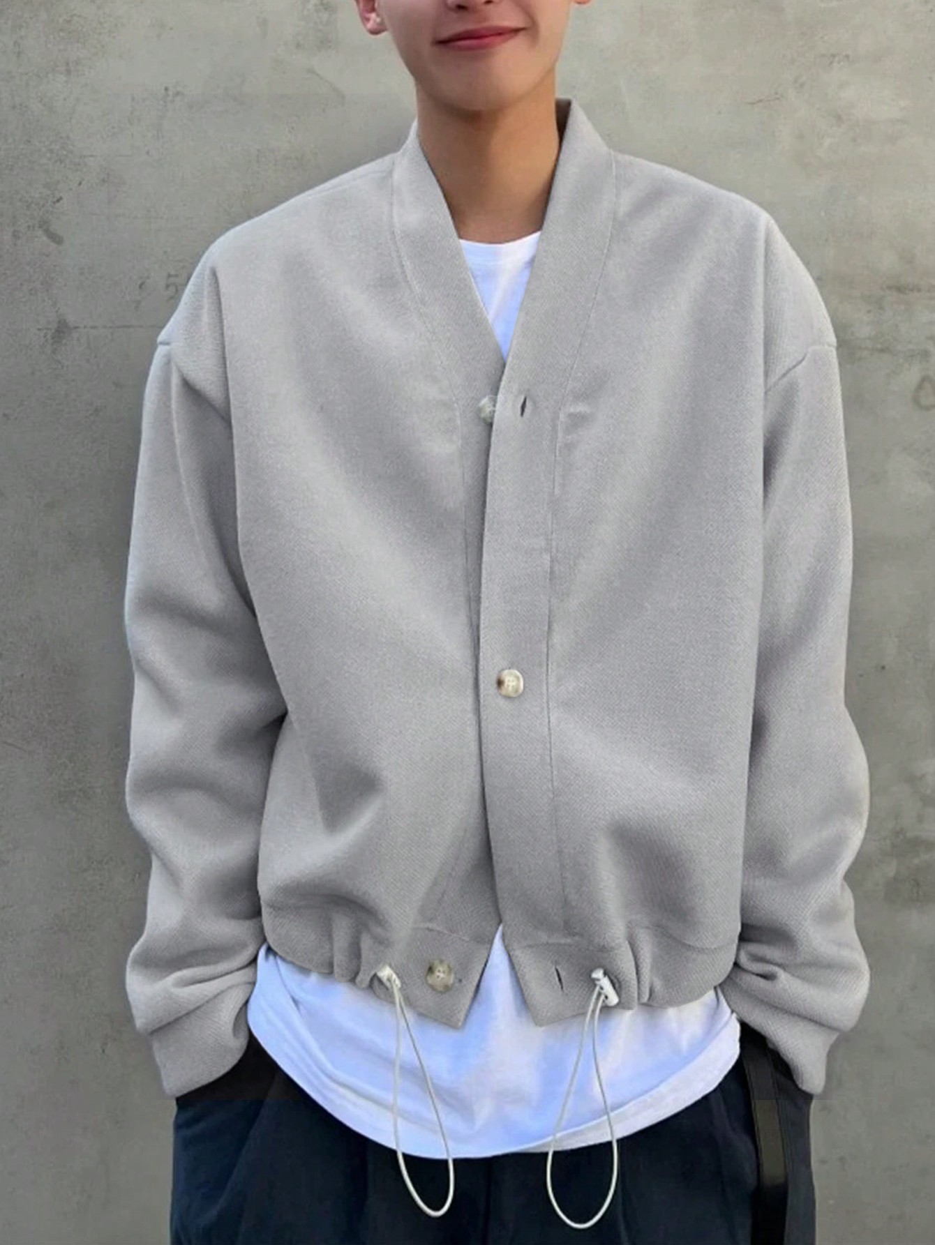 Manfinity Dauomo Men's Casual Solid Color Drawstring Hem Jacket, Autumn