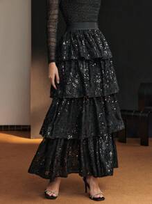 MOTF Soiréza 亮片层叠荷叶边下摆短裙 - 黑色 - 查看 4