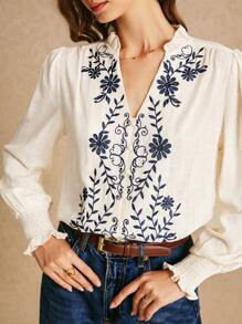Poéselle White Linen Long-Sleeved Embroidered Shirt, Embroidered Shirt Women Embroidery Decorated Long Sleeve Blouse, Fall Women Clothes, Boho Style White Blouse, Featuring Intricate Embroidery, Luxurious Fabric, And Exceptional Breathability, This Garment Is Perfect For Everyday Wear, Commuting, Holidays, And Lounging At Home - White - View 2