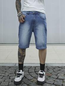 Manfinity Homme 男士简约前扣口袋休闲牛仔短裤 - 中等水洗藍 - 查看 6