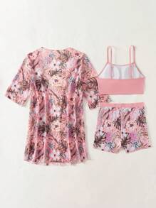 SHEIN Swim Bộ đồ bơi bikini thường ngày in họa tiết cây nhiệt đới dành cho nữ kèm áo choàng Kimono tay ngắn mùa hè - Nhiều màu - Xem 6