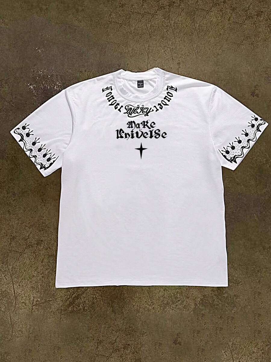 Manfinity EMRG 男士休闲宽松短袖圆领字母印花T恤，夏季 - 白色 - 查看 1