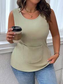SHEIN LUNE Plus Size Women Summer Solid Round Neck Pockets Casual Tank Top - Mint Green - View 6
