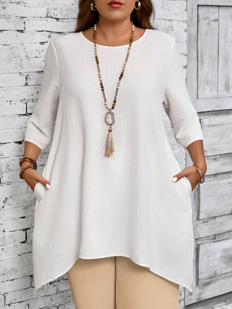 Plus Size Women Round Neck 3/4 Sleeve Asymmetric Hem Casual White Shirt, Spring & Summer Fall Women Clothes,Vacation