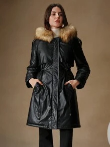 Anewsta 1 件女式长款连帽收腰休闲闪亮蓬松派克大衣，冬季