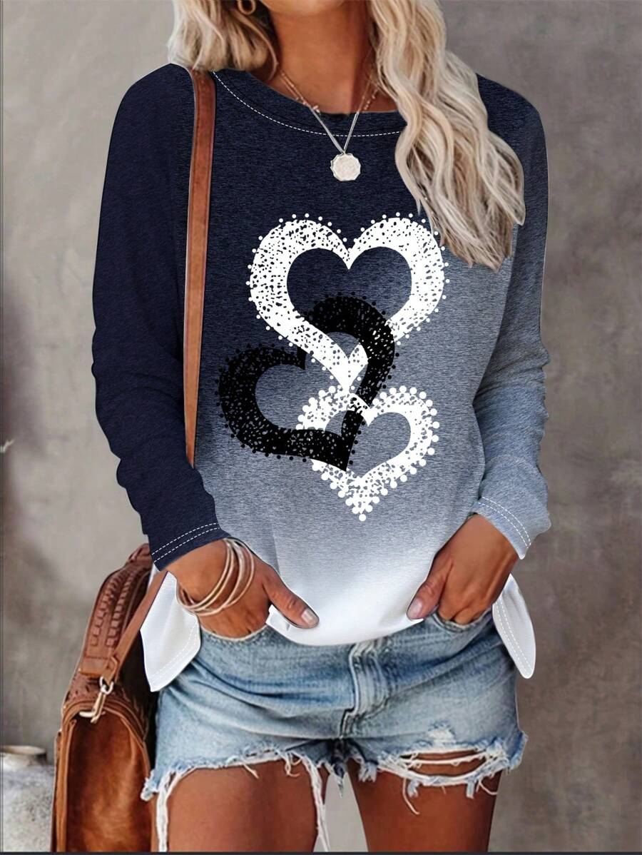 INAWLY 渐变爱心图案休闲圆领长袖T恤，春秋季女式印花T恤上衣 - 藏蓝色 - 查看 1