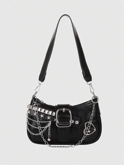Kawaii New Stylish Women Crossbody Bag With Chain Decor, Punk Rock Style Shoulder Bag, Cute Girly Dark Color