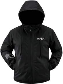 Manfinity Homme Men's Hooded Black Zip-Up Printed Sport Outdoor Windbreaker Jacket, Autumn/Winter, Going Out Hooded Black Long Sleeve Light Jacket, For Friends, Husband, Boyfriend Gifts