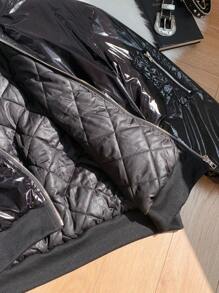 Comfortcana Black Zip Up Quilted Lined Baseball Collar Winter Coat - Black - View 11