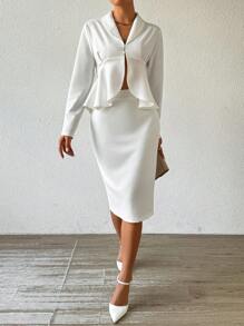 Chiquease Conjunto elegante blanco para mujer - Parte superior con dobladillo asimétrico y falda ajustado con volantes - Blanco - Ver 5