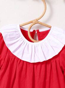 Young Girl Fashionable Simple Christmas Colorblock Dress - Red - View 4