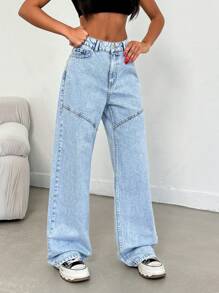 SHEIN Cottnline 100% Cotton High Waist Sewing Detailed Wideleg Jean - Light Wash - View 7