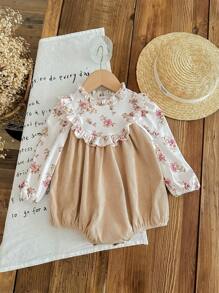 SHEIN LMoss Kids LMoss Baby Girl Newborn Baby Girl Ditsy Floral Bodysuit, Knitted Ruffle Collar Corduroy Patchwork One-Piece Outfit For Holiday & Party - Apricot - View 1