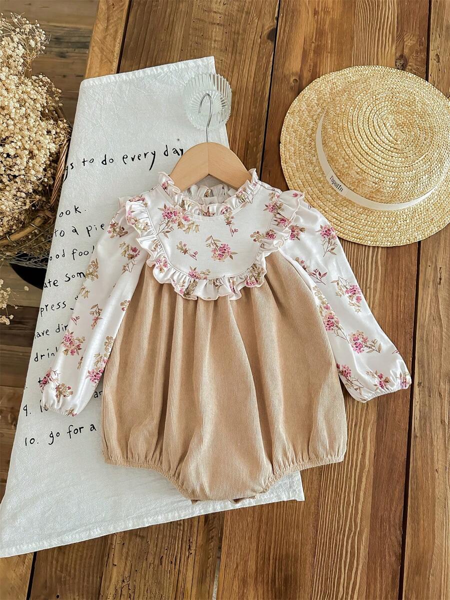 SHEIN LMoss Kids LMoss Baby Girl Newborn Baby Girl Ditsy Floral Bodysuit, Knitted Ruffle Collar Corduroy Patchwork One-Piece Outfit For Holiday & Party - Apricot - View 1