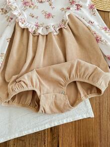 SHEIN LMoss Kids LMoss Baby Girl Newborn Baby Girl Ditsy Floral Bodysuit, Knitted Ruffle Collar Corduroy Patchwork One-Piece Outfit For Holiday & Party - Apricot - View 6