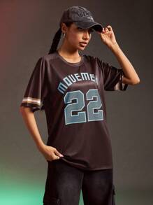 Streetz SHEIN Sport 圆领短袖字母印花简约运动速干 T 恤、棒球服 - 棕色 - 查看 7