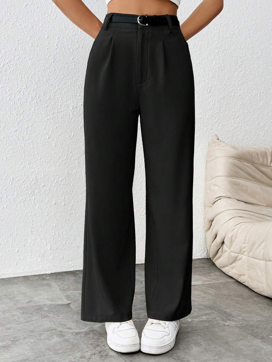 SHEIN PETITE 女式休闲直筒裤（配腰带） - 黑色 - 查看 1