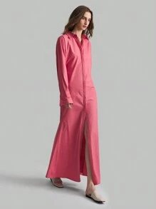 Ontre Women's Elegant Minimalist Light Pink Long Dress, Winter Cotton Fall Dresses