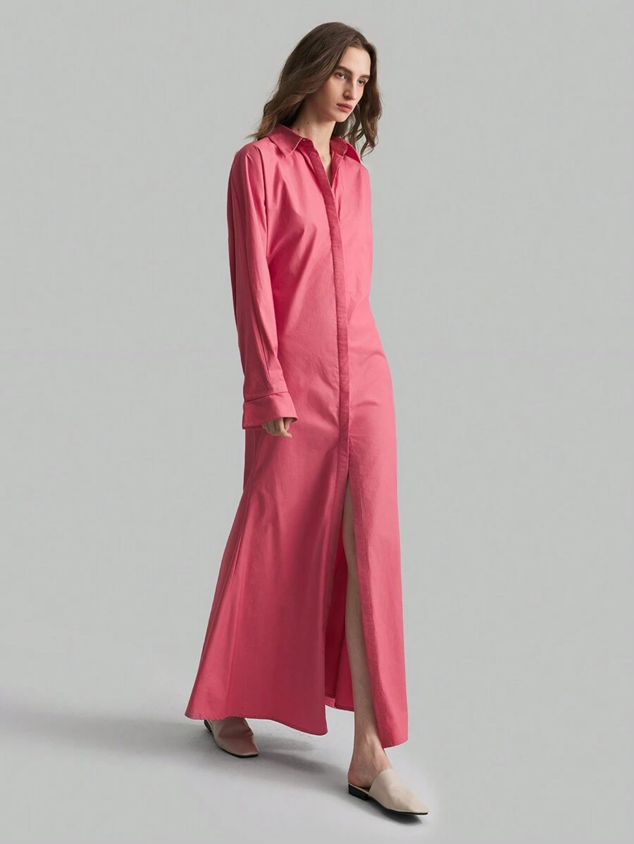 Ontre Women's Elegant Minimalist Light Pink Long Dress, Winter Cotton Fall Dresses