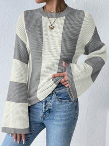 Chiquease 女士撞色圆领针织套头衫，秋冬款 - 灰色 - 查看 5