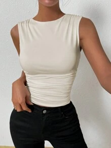 Chiquease 女士夏季纯色圆领褶皱修身吊带背心