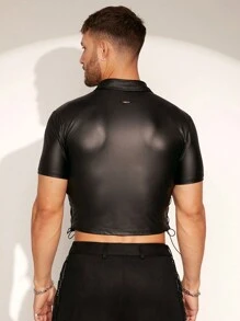 FeverCity Men's Elastic Side Eyelet-Tie Form Fitting Short Shirt - Black - View 3