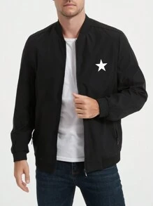 Manfinity Homme Chaqueta bomber de manga larga casual holgada con estampado de pentágono para hombres, ropa de otoño e invierno para hombres, chaqueta abrigada