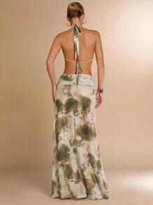 SHEIN BAE 女式扎染印花 V 领露背连衣裙，带肩带细节，夏季 - 軍綠色 - 查看 2