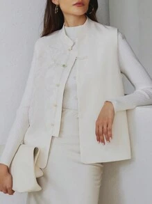 SHEIN Privé 女士优雅无袖刺绣纽扣休闲夹克 - 米色 - 查看 3