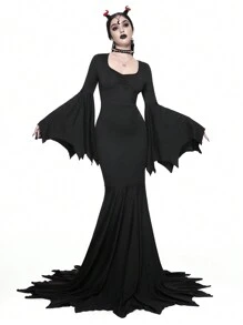 ROMWE Gothic Halloween Flare Sleeve Solid Black Mermaid Hem Dress With Sweetheart Neckline For Women - Black - View 1