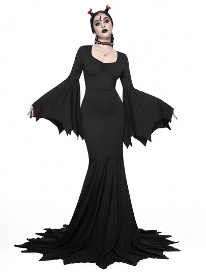 Gothic Halloween Flare Sleeve Solid Black Mermaid Hem Dress With Sweetheart Neckline For Women