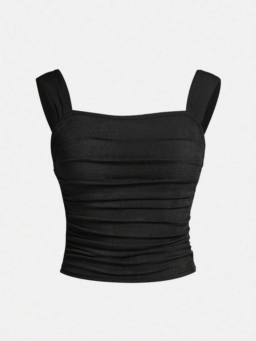 SHEIN Girlism Teen Girl Ruched Wide Straps Top - Black - View 1